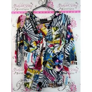 Bianca Nygard shirt comic magazine Women's Multicolor Graphic Tie-Neck Blouse